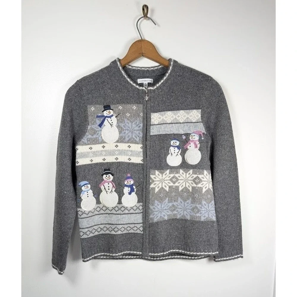 Croft & Barrow Snowman Cardigan Sweater Size Small Silk Blend Festive Full Zip